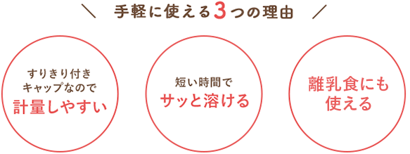 手軽に使える3つの理(lǐ)由　すりきり付きキャップなので計量しやすい　短い時間で 水でも溶ける　離乳食にも使える